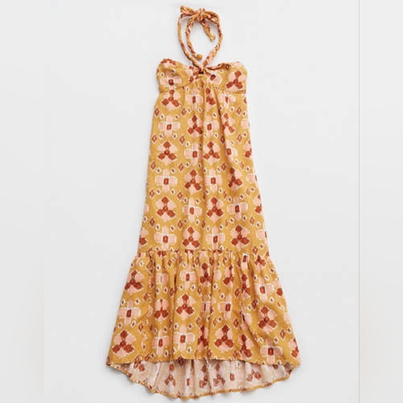 NWOT Aerie Halter Maxi Linen Lyocell Boho High-Low Sundress Smocked Back Size XS - Picture 2 of 7